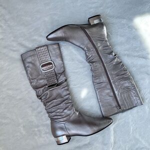 Francesco Donni Metallic Silver Pewter Knee High Flat Leather Boots Lined 41EU